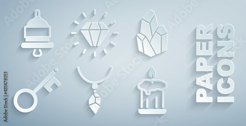 Set Necklace with crystal, Magic stone, Old key, Burning candle, Diamond and Ringing alarm bell icon. Vector