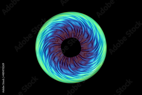 Green and blue eyeball illustration 3d render isolated on the black space
