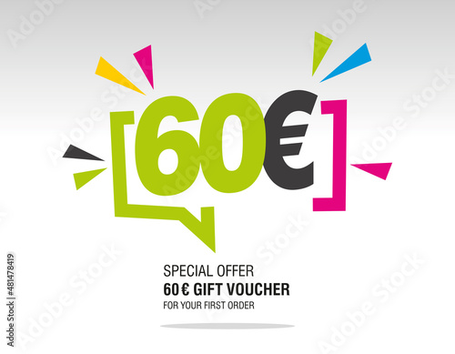 60 Euro internet website promotion sale offer big sale and super sale modern colorful coupon code 60 Euro discount gift voucher coupon