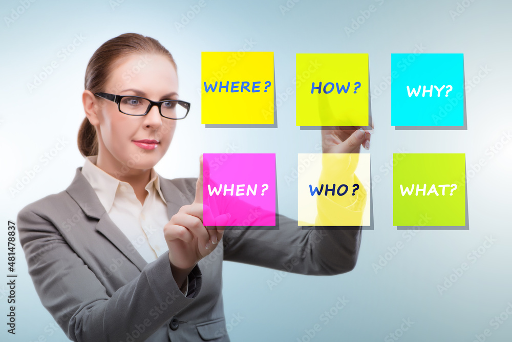 Concept of many different questions asked with businesswoman Concept of many different questions asked with businesswoman
