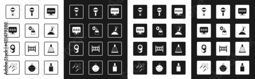 Set Speech bubble mom, Breast pump, dad, Rattle baby toy, Sandbox with sand and shovel, Pyramid and Newborn infant swaddled icon. Vector