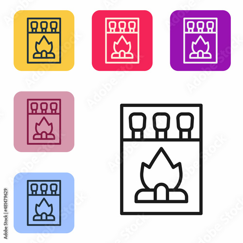 Black line Open matchbox and matches icon isolated on white background. Set icons in color square buttons. Vector