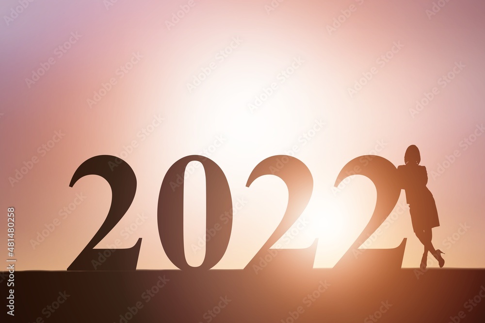 2022, silhouette of a human standing in the sunrise, new year greeting card 2022, silhouette of a human standing in the sunrise, new year greeting card