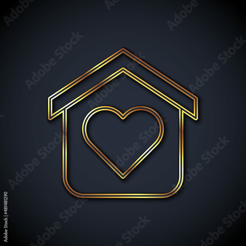 Gold line Shelter for homeless icon isolated on black background. Emergency housing, temporary residence for people, bums and beggars without home. Vector