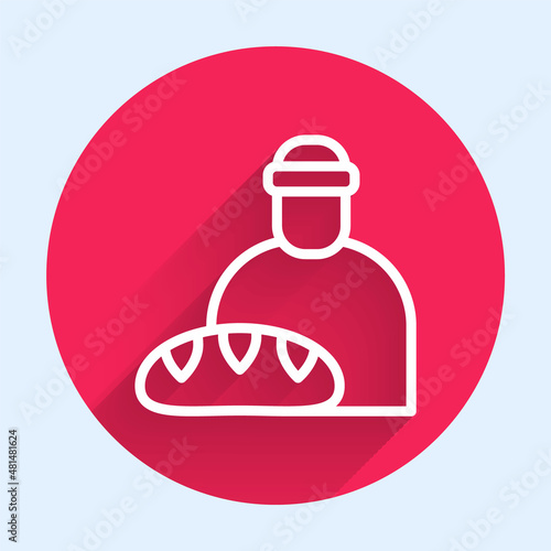 White line Feeding the homeless icon isolated with long shadow background. Help and support. Giving food to the hungry concept. Red circle button. Vector