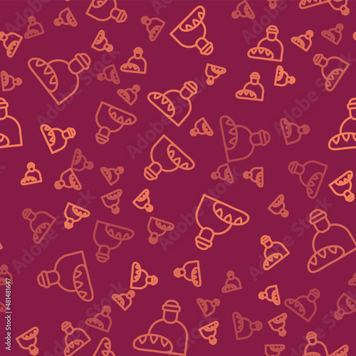 Brown line Feeding the homeless icon isolated seamless pattern on red background. Help and support. Giving food to the hungry concept. Vector