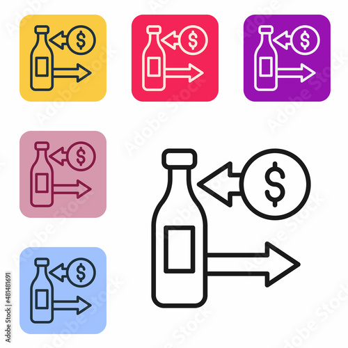 Black line Reception and sale of glass bottles icon isolated on white background. Set icons in color square buttons. Vector