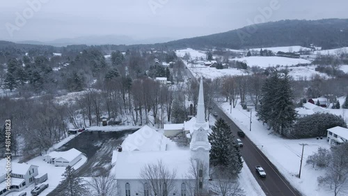 Church Steeple From Above in Williston, Vermont, Small Town in Winter photo