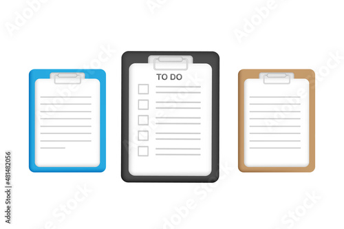 3D cartoon style set collection file document clipboard in black, wood brown, blue color.