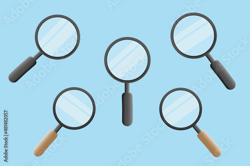 3D cartoon style magnifier glass in black plastic and wooden brown hand grip with shadow highlight effect