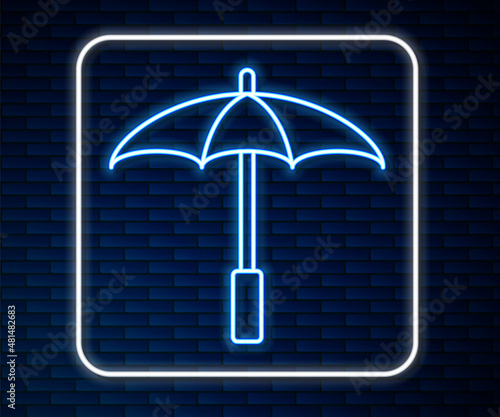 Glowing neon line Sun protective umbrella for beach icon isolated on brick wall background. Large parasol for outdoor space. Beach umbrella. Vector
