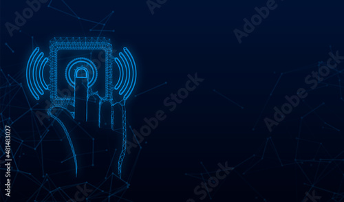 Hand push the bell button at the front door. Plexus button. Flat vector illustration. Home entrance.