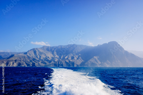 Coast of Gran Canaria and port of Agaete seen from the sea.