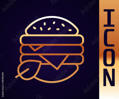 Gold line Vegan food diet icon isolated on black background. Organic, bio, eco symbol. Vegan, no meat, lactose free, healthy, fresh and nonviolent food. Vector