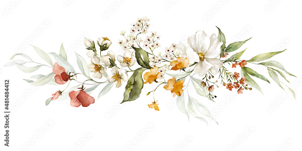 Fototapeta premium Watercolor floral bouquet - illustration with butterfly, blush pink blue yellow vivid flowers, green leaves, for wedding stationary, greetings, wallpapers, fashion, backgrounds, textures.