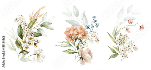 Watercolor floral bouquet illustration set - blush pink blue yellow flower green leaf leaves branches bouquets collection. Wedding stationary  greetings  wallpapers  fashion  background.