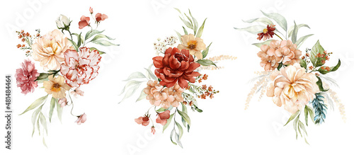 Foto Watercolor floral bouquet illustration set - blush pink blue yellow flower green leaf leaves branches bouquets collection