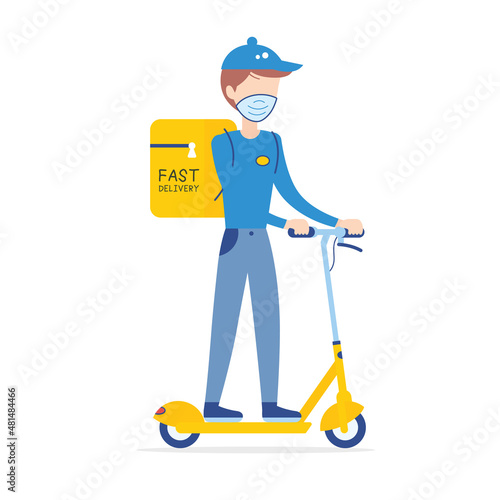 Young man courier wearing face medicak mask riding electric scooter with express food delivery box bag backpack isolated cartoon flat vector illustration