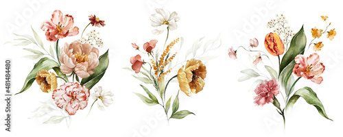 Watercolor floral bouquet illustration set - blush pink blue yellow flower green leaf leaves branches bouquets collection. Wedding stationary, greetings, wallpapers, fashion, background. photo