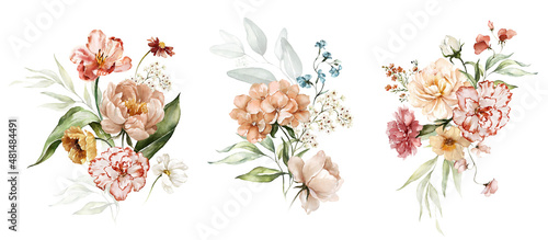 Fotografiet Watercolor floral bouquet illustration set - blush pink blue yellow flower green leaf leaves branches bouquets collection