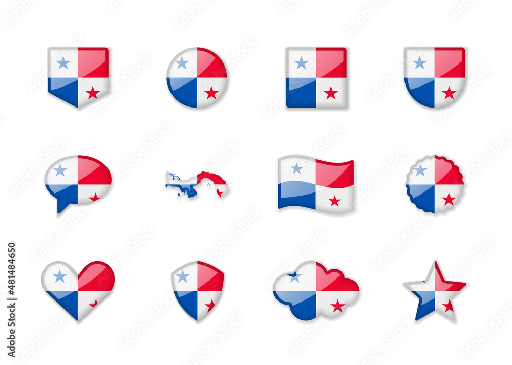 Panama - set of shiny flags of different shapes.