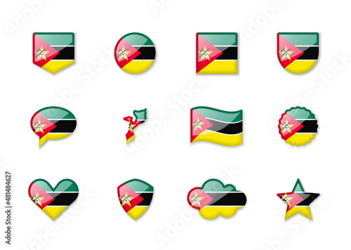 Mozambique - set of shiny flags of different shapes.
