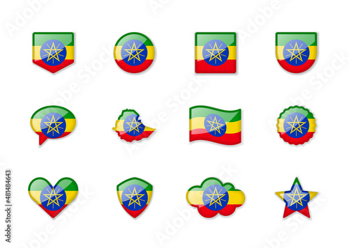 Ethiopia - set of shiny flags of different shapes. Free Download Ethiopia - set of shiny flags of different shapes. - GFXLoad