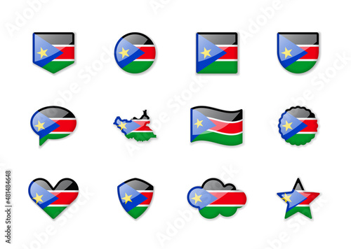 South Sudan - set of shiny flags of different shapes.