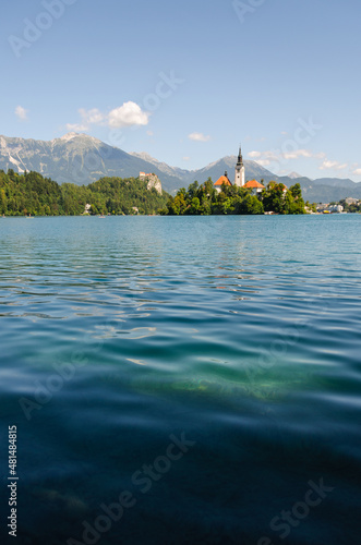 The scenery of Bled lake with Church of the Assumption of Maria and Bled Castle, Slovenia