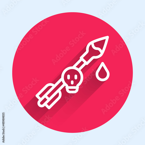 White line Poison on the arrow icon isolated with long shadow background. Poisoned arrow. Red circle button. Vector