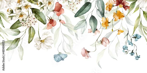 Obraz Bouquet border - green leaves and blush pink flowers on white background. Watercolor hand painted seamless border. Floral illustration. Foliage pattern.