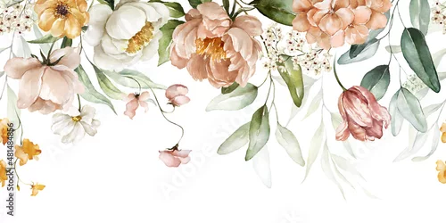 Obraz Bouquet border - green leaves and blush pink flowers on white background. Watercolor hand painted seamless border. Floral illustration. Foliage pattern.