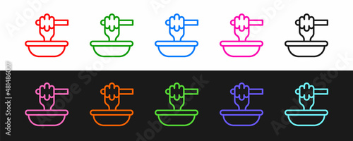 Set line Honey dipper stick with bowl icon isolated on black and white background. Honey ladle. Vector