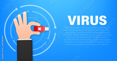 Computer virus on usb flash card in hands. Virus protection. Vector stock illustration.