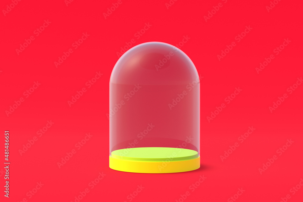 Empty glass dome on red background. Transparent flask. 3d render Empty glass dome on red background. Transparent flask. 3d render