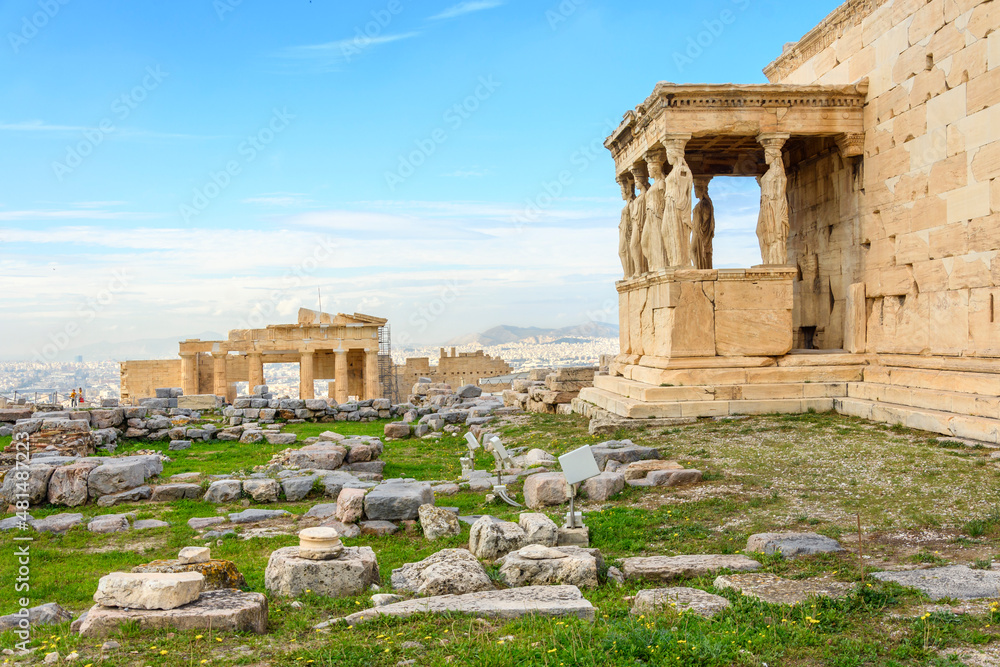 View from the top of Acropolis Hill of the Erechtheum and Propylaea, two of the structures along with the Parthenon, in Athens, Greece.