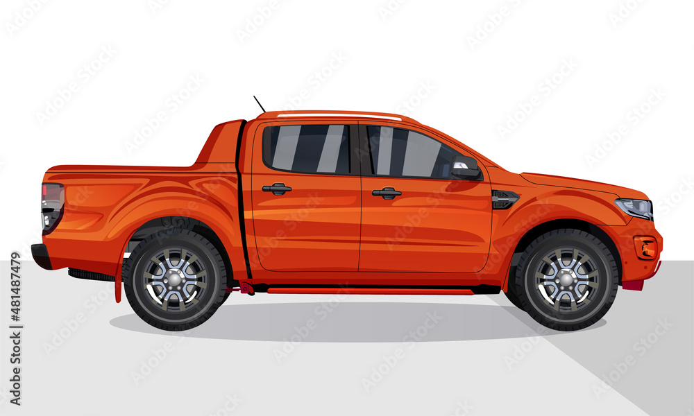 Orange pickup truck ,White background, Side View