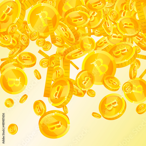 Thai baht coins falling. Extra scattered THB coins. Thailand money. Noteworthy jackpot, wealth or success concept. Vector illustration.