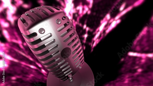 Metallic silver retro microphone under purple flash lighting background. Concept image of justice declaration, first stage, telecommute and remote-work. 3D CG. 3D illustration.