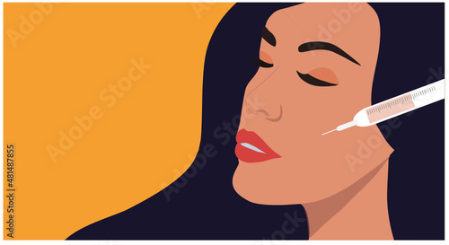 Doctor in medical gloves with syringe injects fillers and botox for rejuvenating wrinkle and anti aging non surgical mesotherapy treatment for face vector illustration
