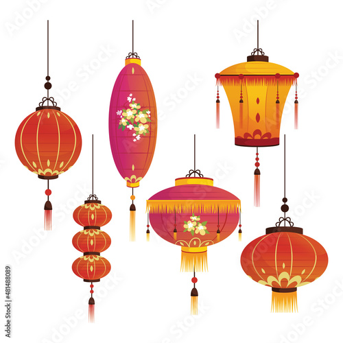 Chinese lanterns. Set of Chinese lanterns. Decorations for Happy Chinese New Year.