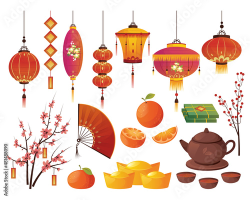 Carnival items. A set of pictures. Decorations for Happy Chinese New Year.