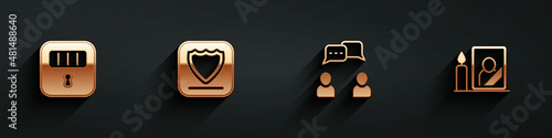 Set Prison cell door, Shield, Speech bubble chat and Mourning photo frame icon with long shadow. Vector