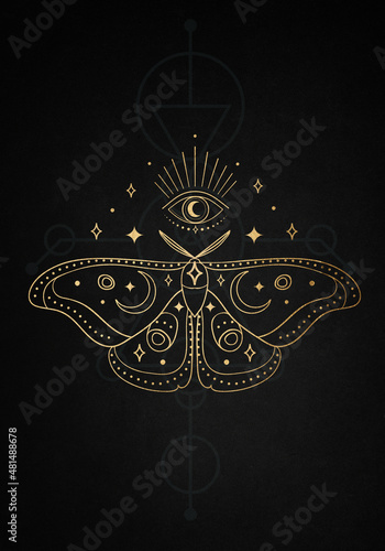 Obraz na plátne Golden butterfly over sacred geometry sign