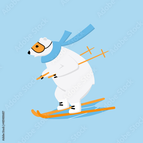 Polar bear surfing snowboard on downhill. Extreme outside winter sport concept.