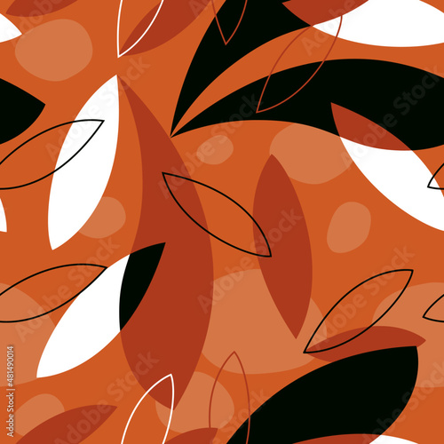 Foliage pattern seamless vector. Organic shapes of garden theme, tropical and cute flowers and leaves print. Colorful background, spring and summer collection, hand made texture. Orange, black, white.