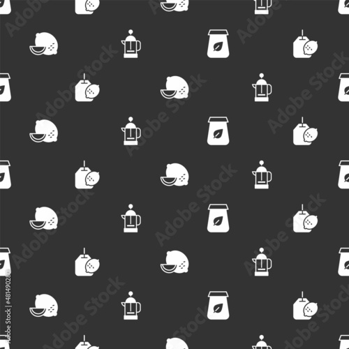 Set Tea packaging, bag with lemon, Lemon and French press on seamless pattern. Vector