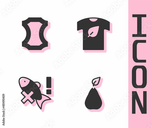 Set Pear, Leather, No fish and Vegan shirt icon. Vector