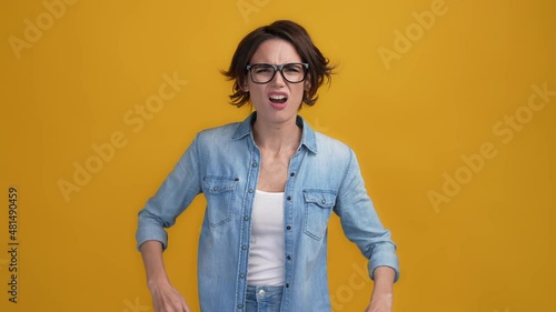 Aggressive lady yell collars miss deadline isolated shine color background photo