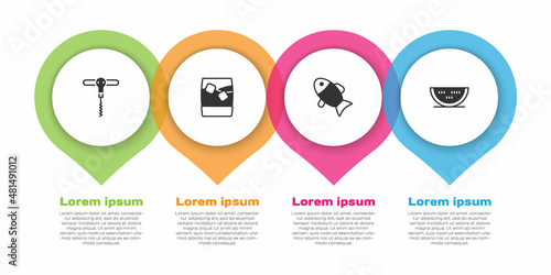 Set Wine corkscrew, Glass of whiskey with ice, Fish and Watermelon. Business infographic template. Vector